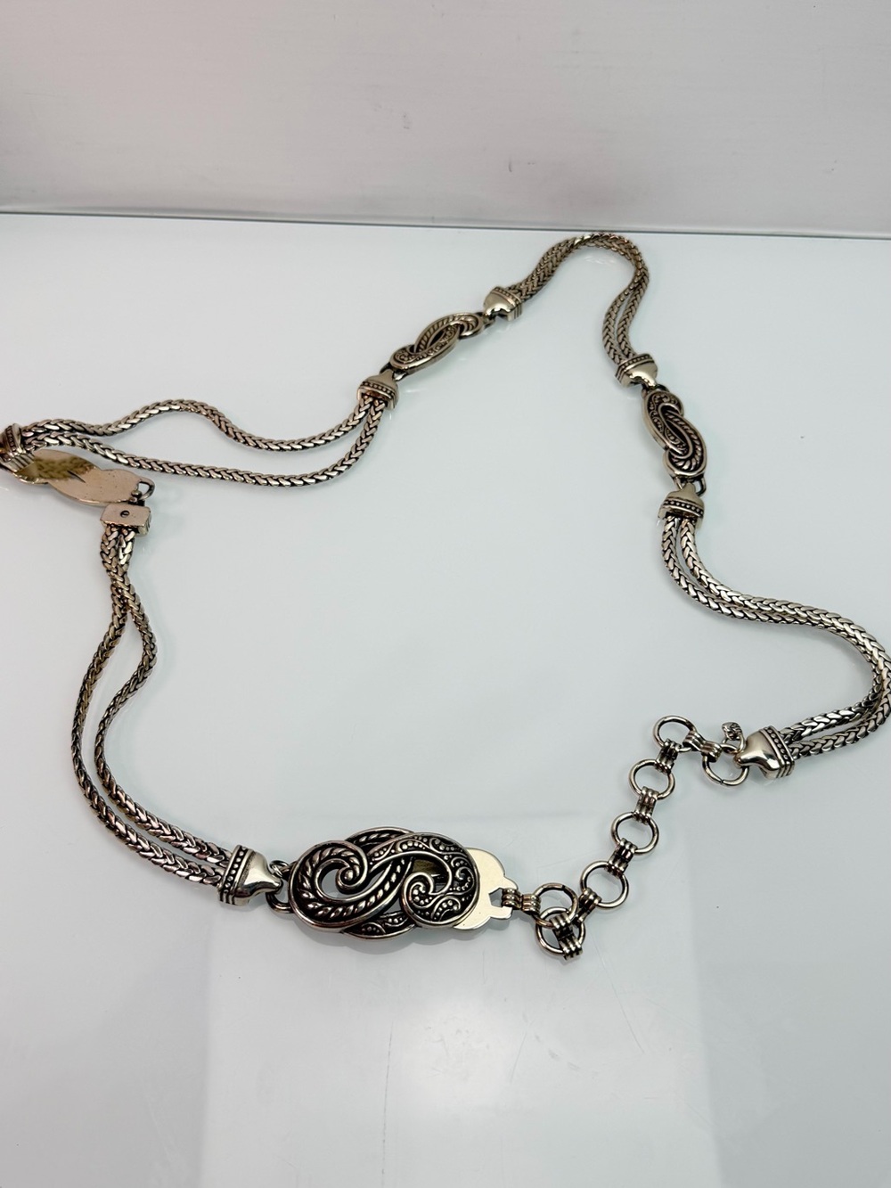 Vintage Brighton Bali Hai Silver Chain Belt Scroll Heart Charm Adjustable XL